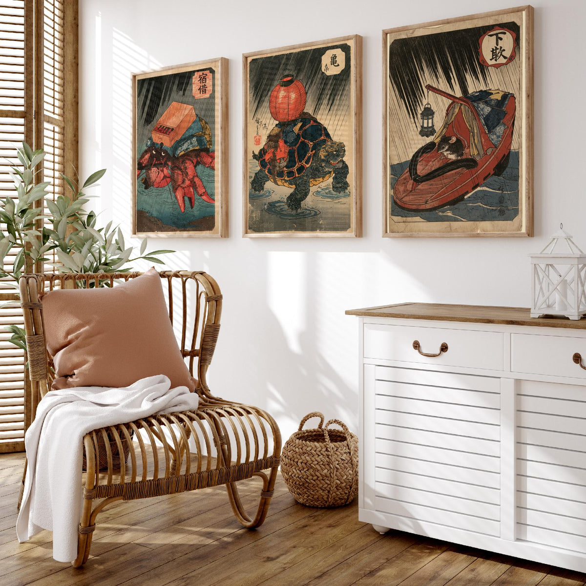 Borrowed Homes Set of Three Art Prints - Hermit Crab, Tortoise and Mouse - Japanese Ukiyo-e Woodblock Posters V2 - After Kuniyoshi
