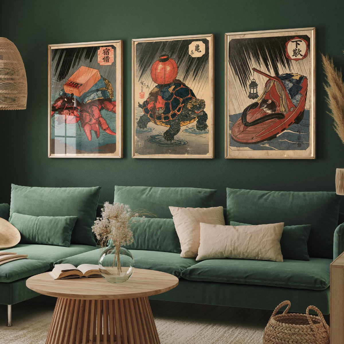 Borrowed Homes Set of Three Art Prints - Hermit Crab, Tortoise and Mouse - Japanese Ukiyo-e Woodblock Posters V2 - After Kuniyoshi