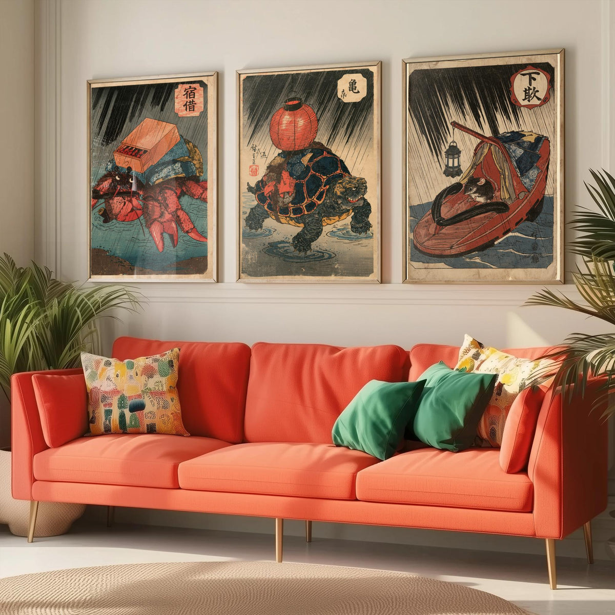 Borrowed Homes Set of Three Art Prints - Hermit Crab, Tortoise and Mouse - Japanese Ukiyo-e Woodblock Posters V2 - After Kuniyoshi