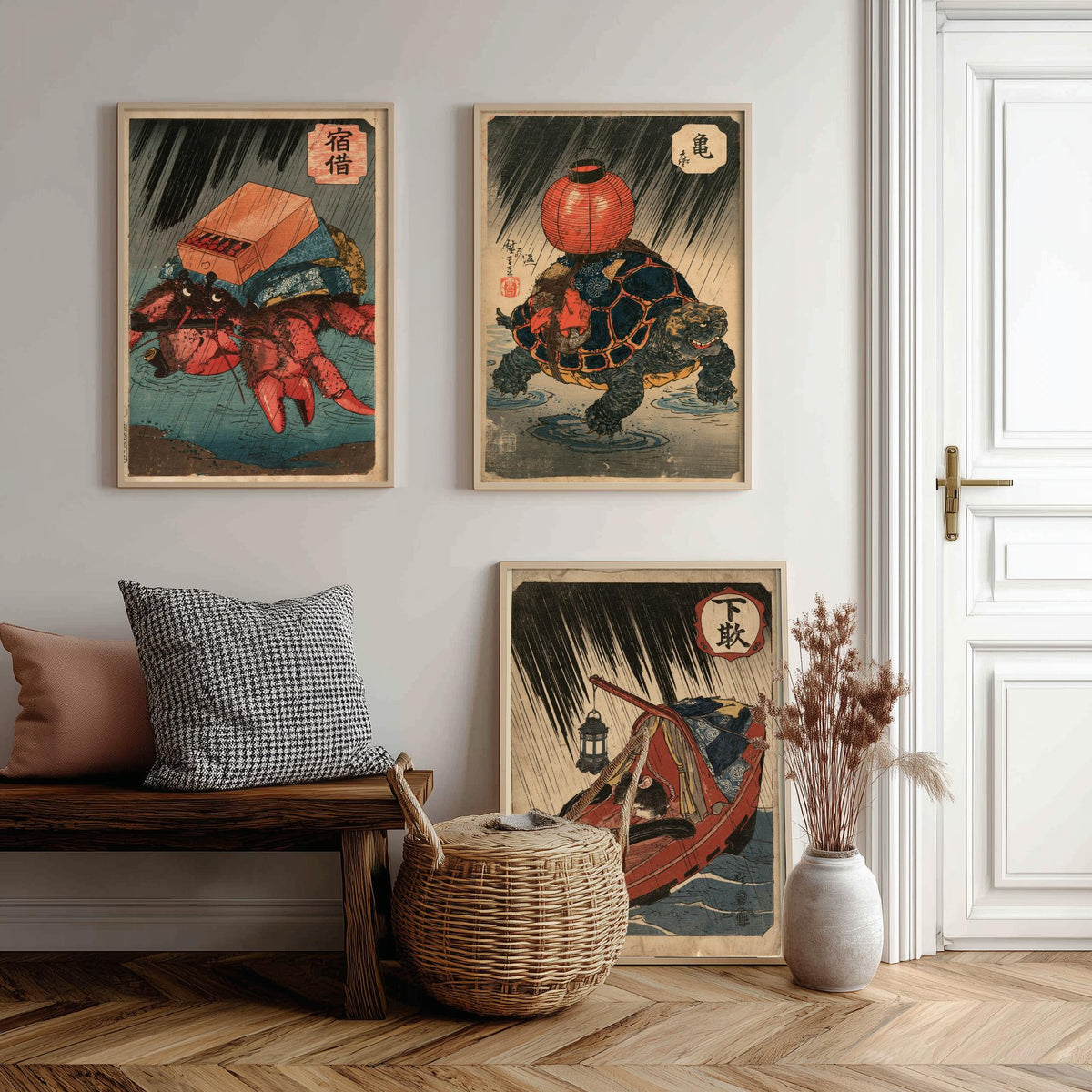 Borrowed Homes Set of Three Art Prints - Hermit Crab, Tortoise and Mouse - Japanese Ukiyo-e Woodblock Posters V2 - After Kuniyoshi