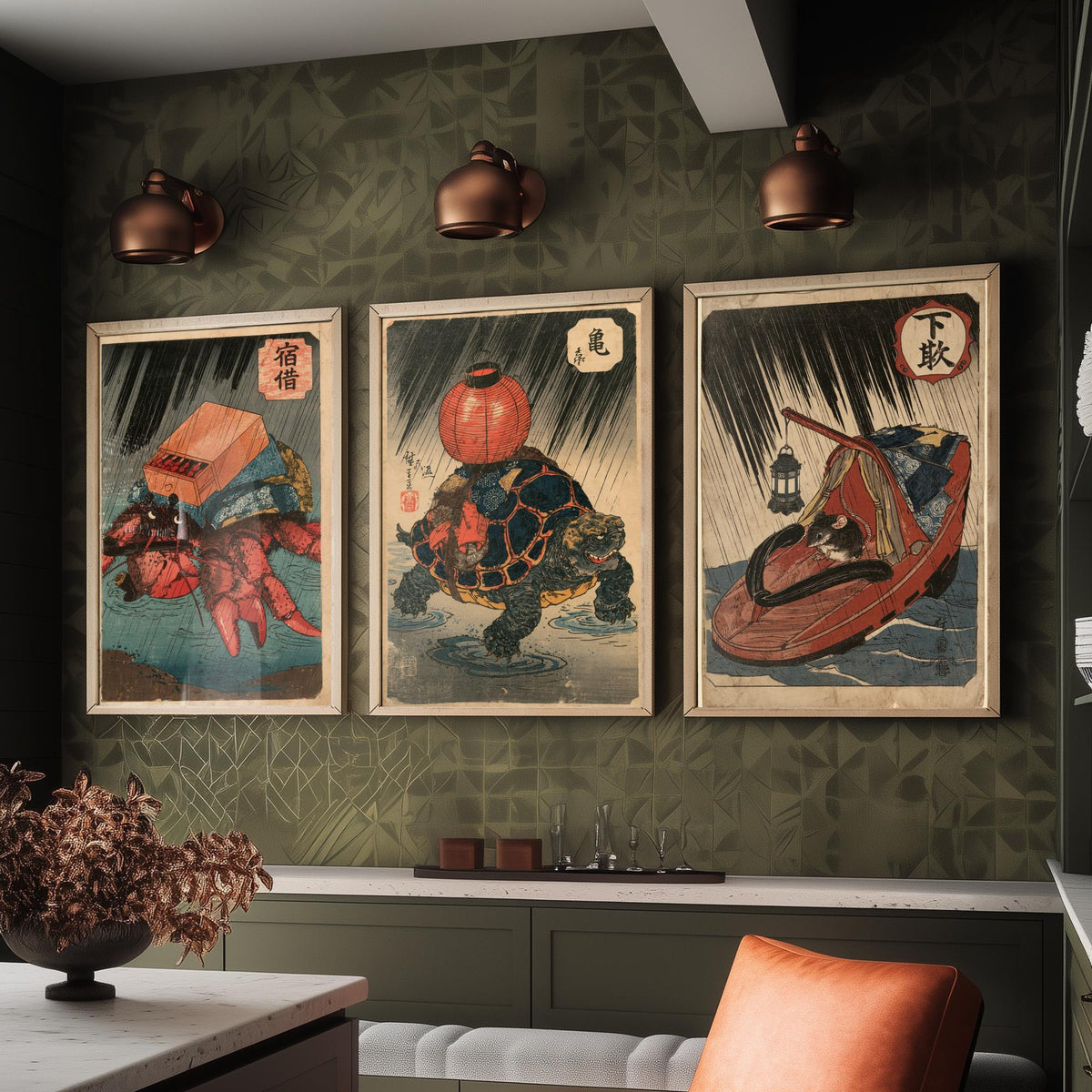 Borrowed Homes Set of Three Art Prints - Hermit Crab, Tortoise and Mouse - Japanese Ukiyo-e Woodblock Posters V2 - After Kuniyoshi