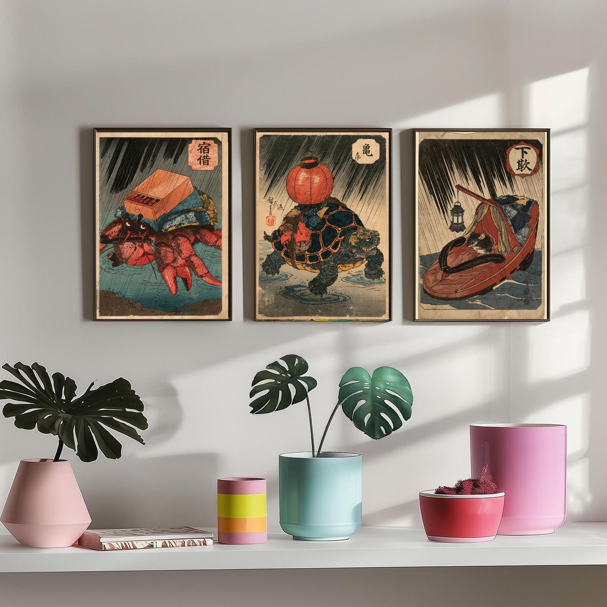 Borrowed Homes Set of Three Art Prints - Hermit Crab, Tortoise and Mouse - Japanese Ukiyo-e Woodblock Posters V2 - After Kuniyoshi