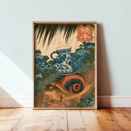 Snail in a Porcelain Teapot Art Print - Japanese Ukiyo-e Rain Poster - Woodblock Style Illustration - After Kuniyoshi