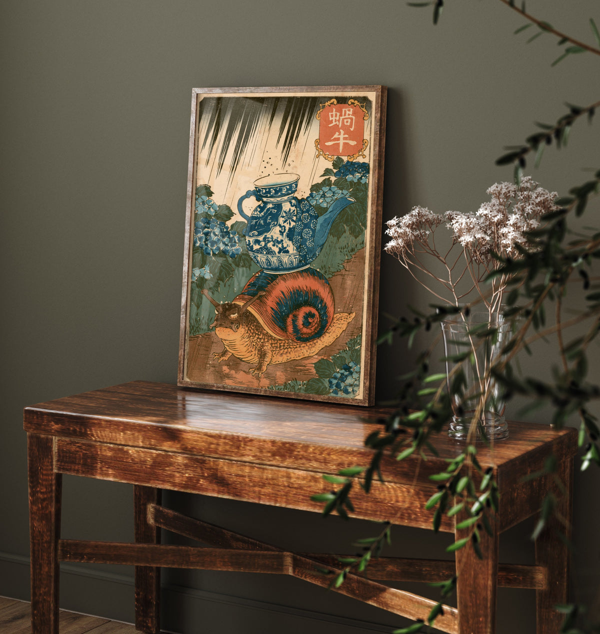 Snail in a Porcelain Teapot Art Print - Japanese Ukiyo-e Rain Poster - Woodblock Style Illustration - After Kuniyoshi