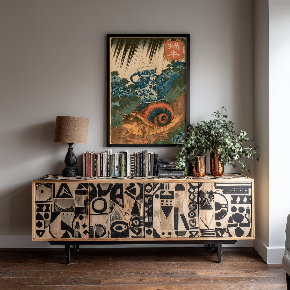 Snail in a Porcelain Teapot Art Print - Japanese Ukiyo-e Rain Poster - Woodblock Style Illustration - After Kuniyoshi