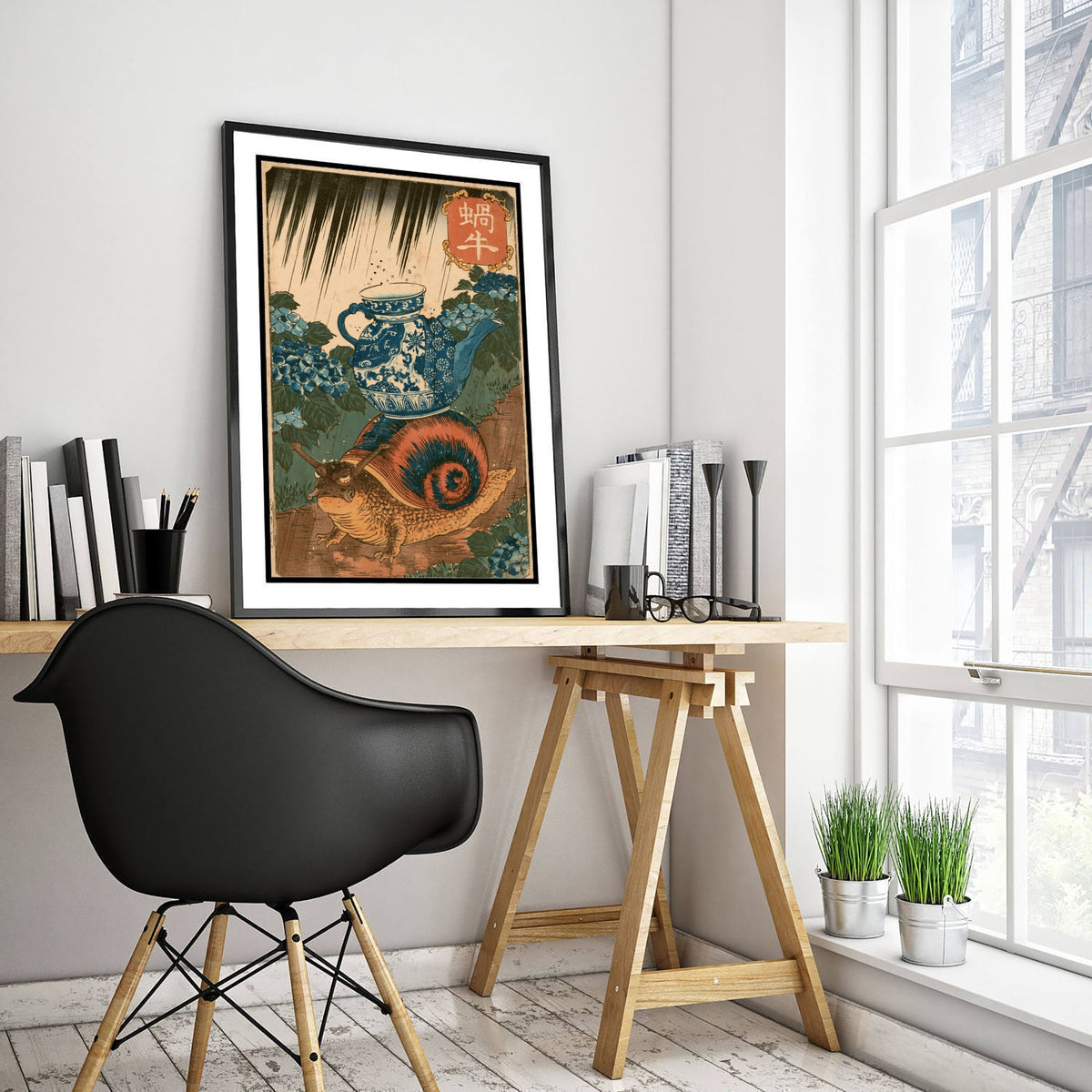 Snail in a Porcelain Teapot Art Print - Japanese Ukiyo-e Rain Poster - Woodblock Style Illustration - After Kuniyoshi