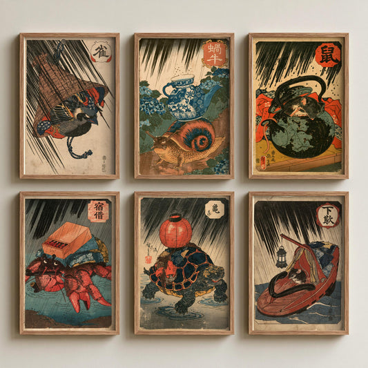 Set of Six Borrowed Homes Art Prints - 6 Japanese Woodblock Posters - Sparrow, Snail, Dormouse, Crab, Tortoise, Mouse - After Kuniyoshi