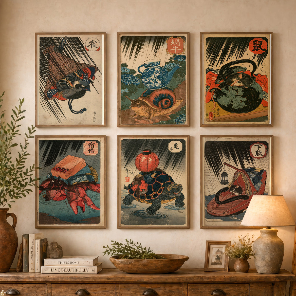 Set of Six Borrowed Homes Art Prints - 6 Japanese Woodblock Posters - Sparrow, Snail, Dormouse, Crab, Tortoise, Mouse - After Kuniyoshi