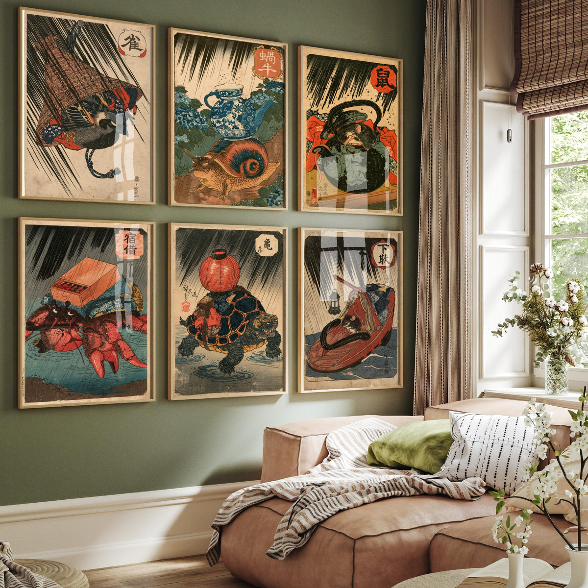 Set of Six Borrowed Homes Art Prints - 6 Japanese Woodblock Posters - Sparrow, Snail, Dormouse, Crab, Tortoise, Mouse - After Kuniyoshi
