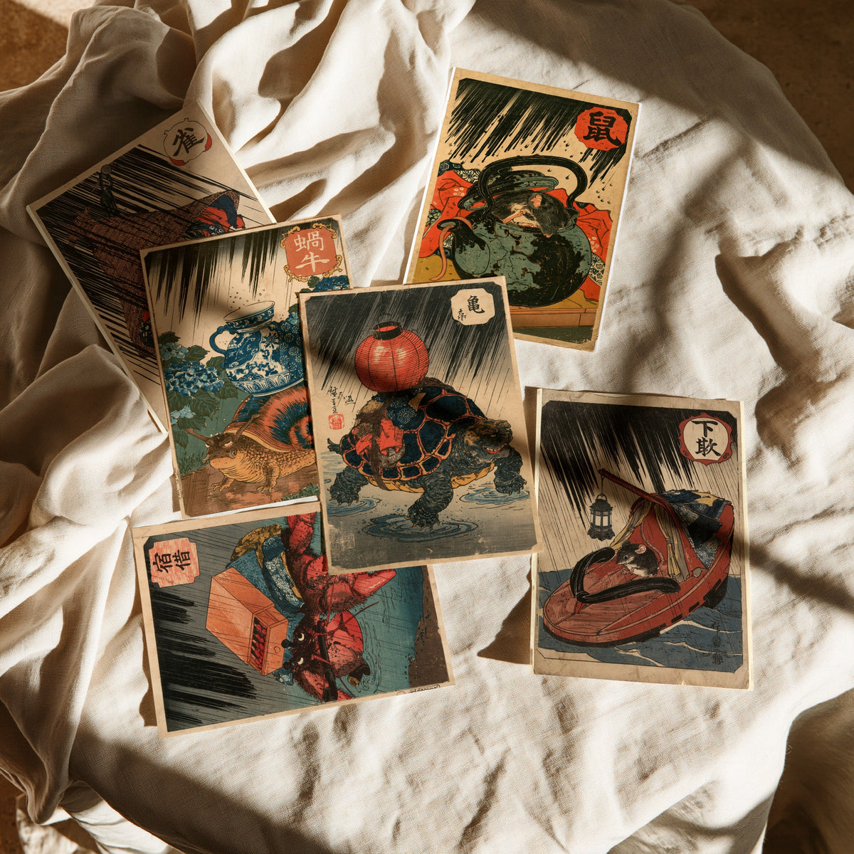 Set of Six Borrowed Homes Art Prints - 6 Japanese Woodblock Posters - Sparrow, Snail, Dormouse, Crab, Tortoise, Mouse - After Kuniyoshi