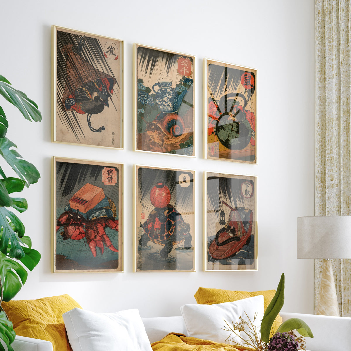 Set of Six Borrowed Homes Art Prints - 6 Japanese Woodblock Posters - Sparrow, Snail, Dormouse, Crab, Tortoise, Mouse - After Kuniyoshi