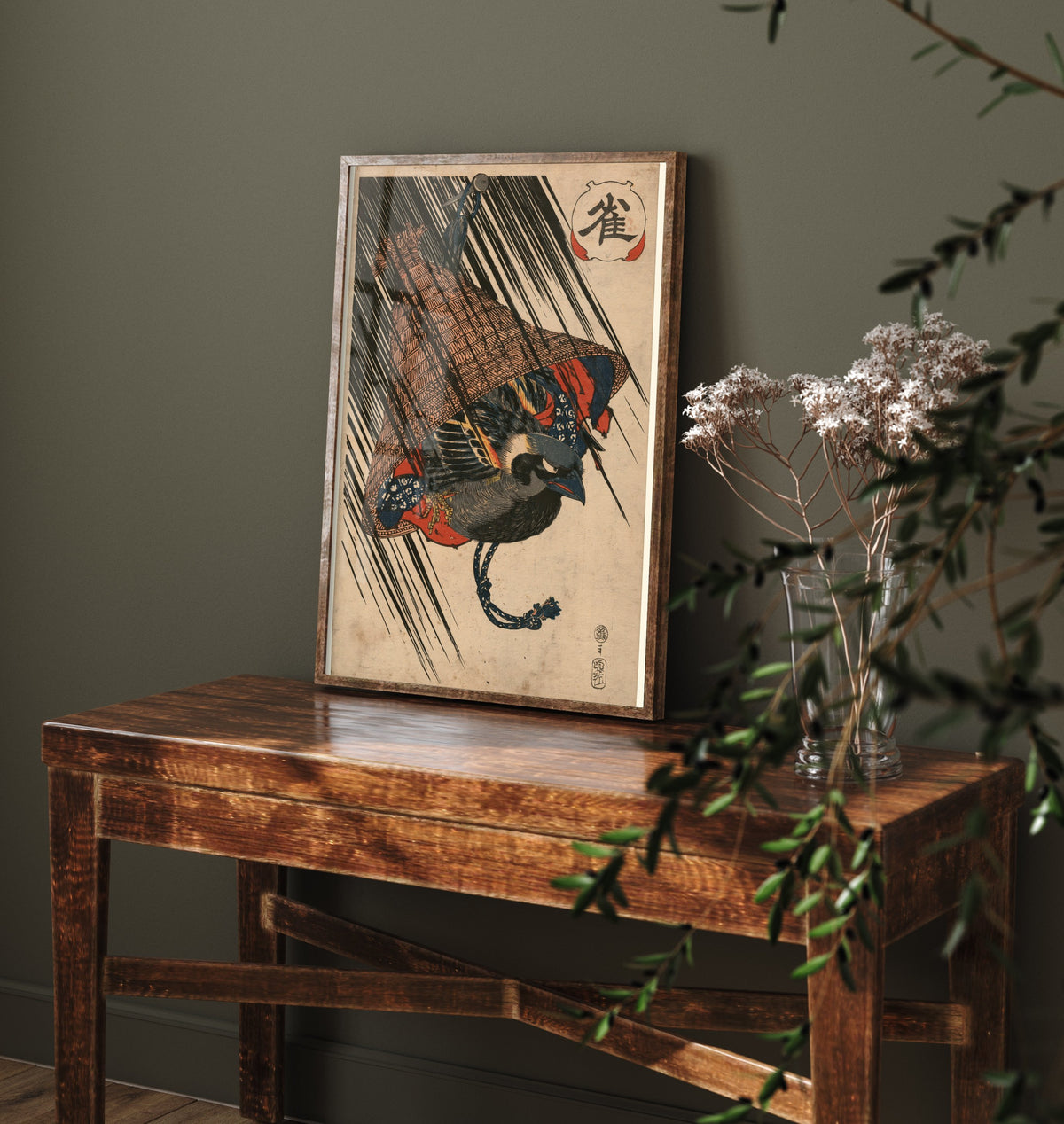 Sparrow Under a Straw Hat Art Print - Japanese Ukiyo-e Rain Poster - Woodblock Style Illustration - After Kuniyoshi