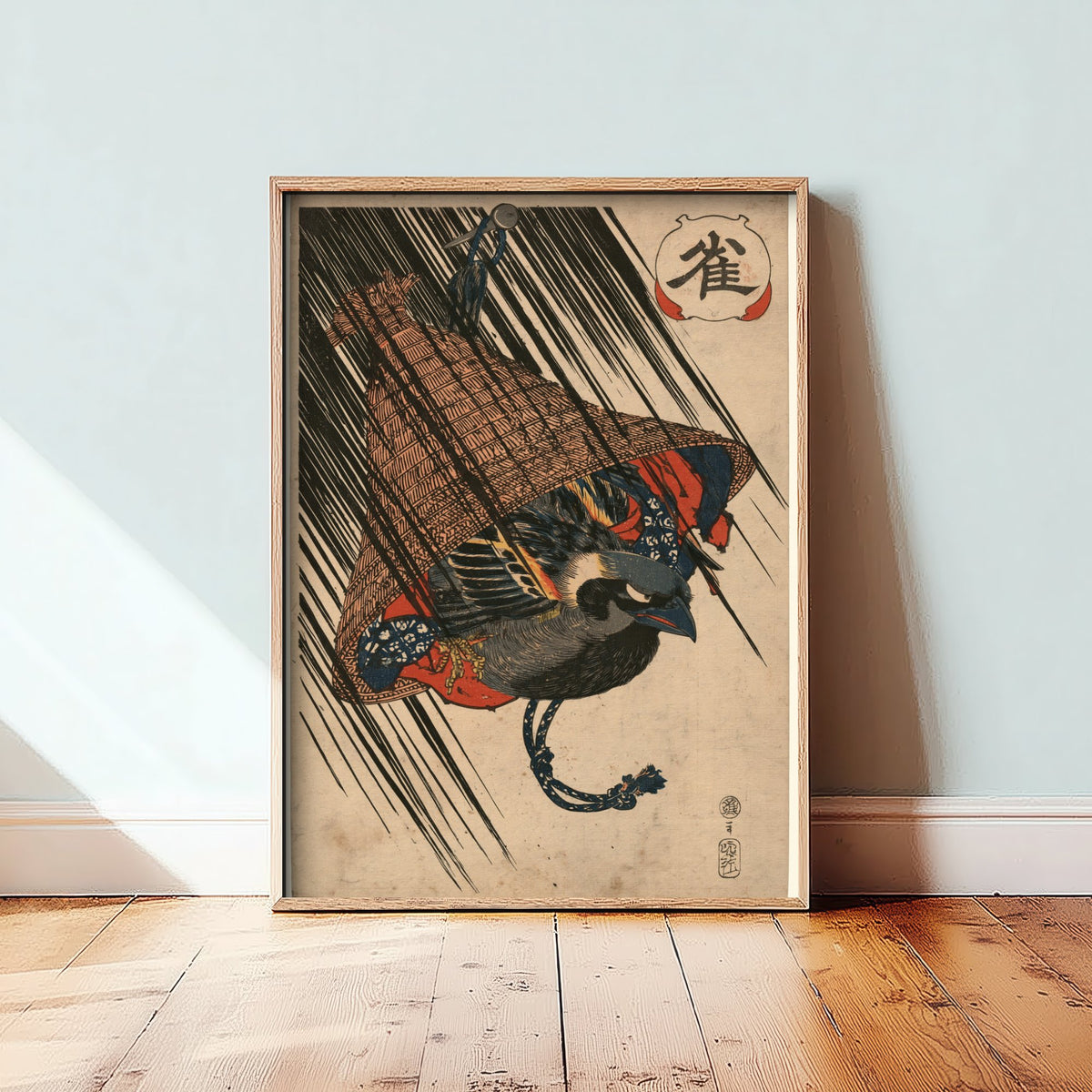Sparrow Under a Straw Hat Art Print - Japanese Ukiyo-e Rain Poster - Woodblock Style Illustration - After Kuniyoshi