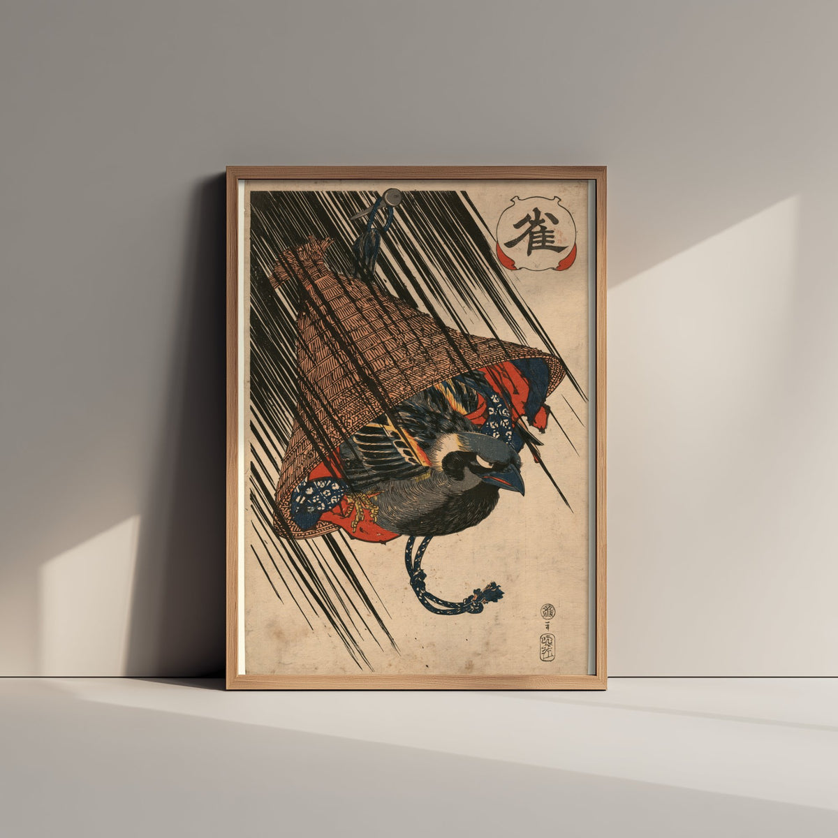 Sparrow Under a Straw Hat Art Print - Japanese Ukiyo-e Rain Poster - Woodblock Style Illustration - After Kuniyoshi
