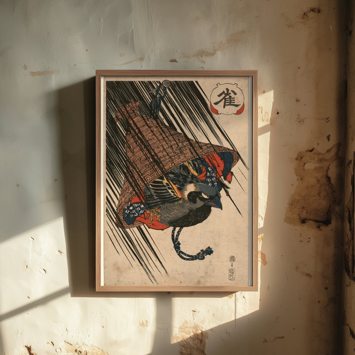 Sparrow Under a Straw Hat Art Print - Japanese Ukiyo-e Rain Poster - Woodblock Style Illustration - After Kuniyoshi