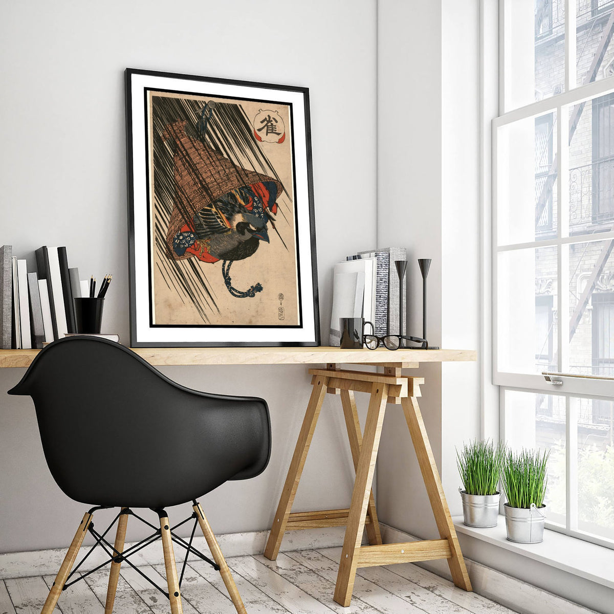Sparrow Under a Straw Hat Art Print - Japanese Ukiyo-e Rain Poster - Woodblock Style Illustration - After Kuniyoshi