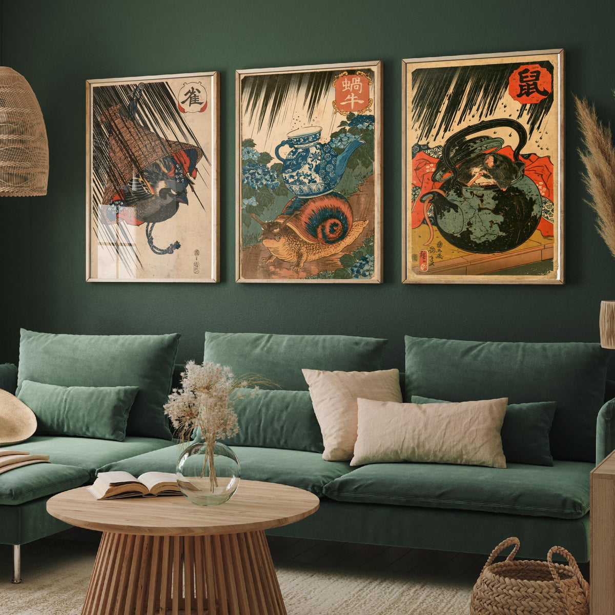 Borrowed Homes Set of Three Art Prints - Sparrow, Snail and Dormouse Sheltering - Japanese Ukiyo-e Woodblock Posters V1 - After Kuniyoshi