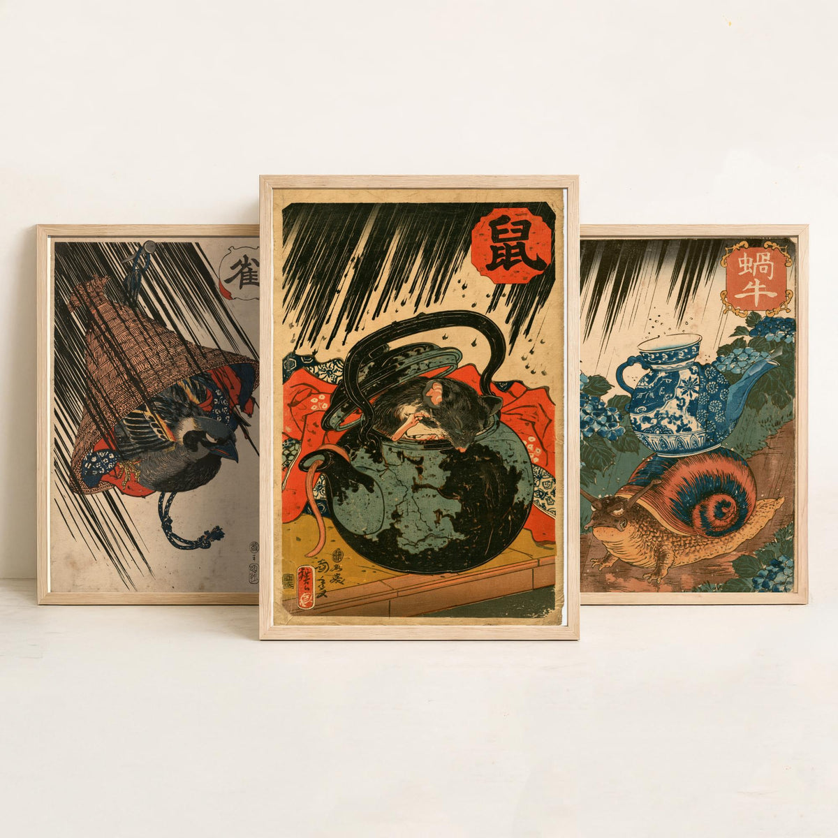 Borrowed Homes Set of Three Art Prints - Sparrow, Snail and Dormouse Sheltering - Japanese Ukiyo-e Woodblock Posters V1 - After Kuniyoshi