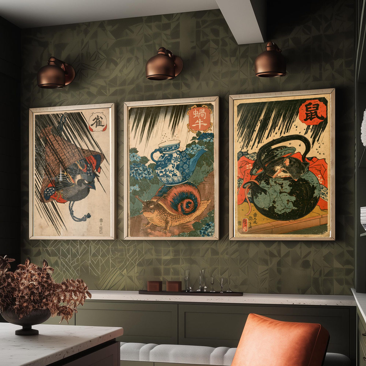 Borrowed Homes Set of Three Art Prints - Sparrow, Snail and Dormouse Sheltering - Japanese Ukiyo-e Woodblock Posters V1 - After Kuniyoshi