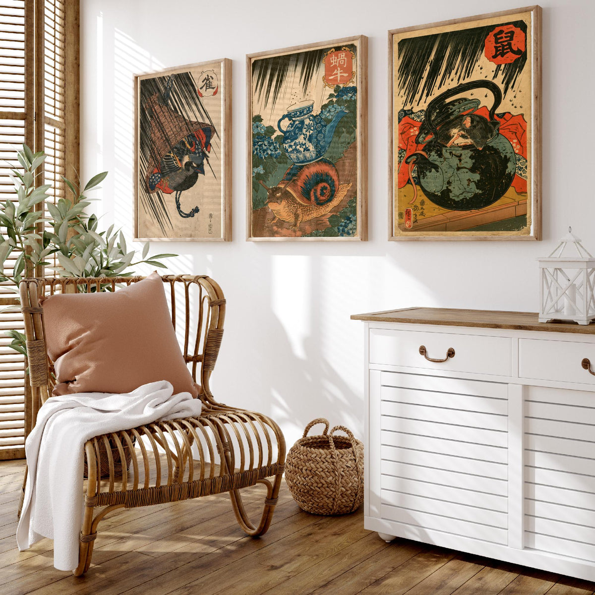 Borrowed Homes Set of Three Art Prints - Sparrow, Snail and Dormouse Sheltering - Japanese Ukiyo-e Woodblock Posters V1 - After Kuniyoshi