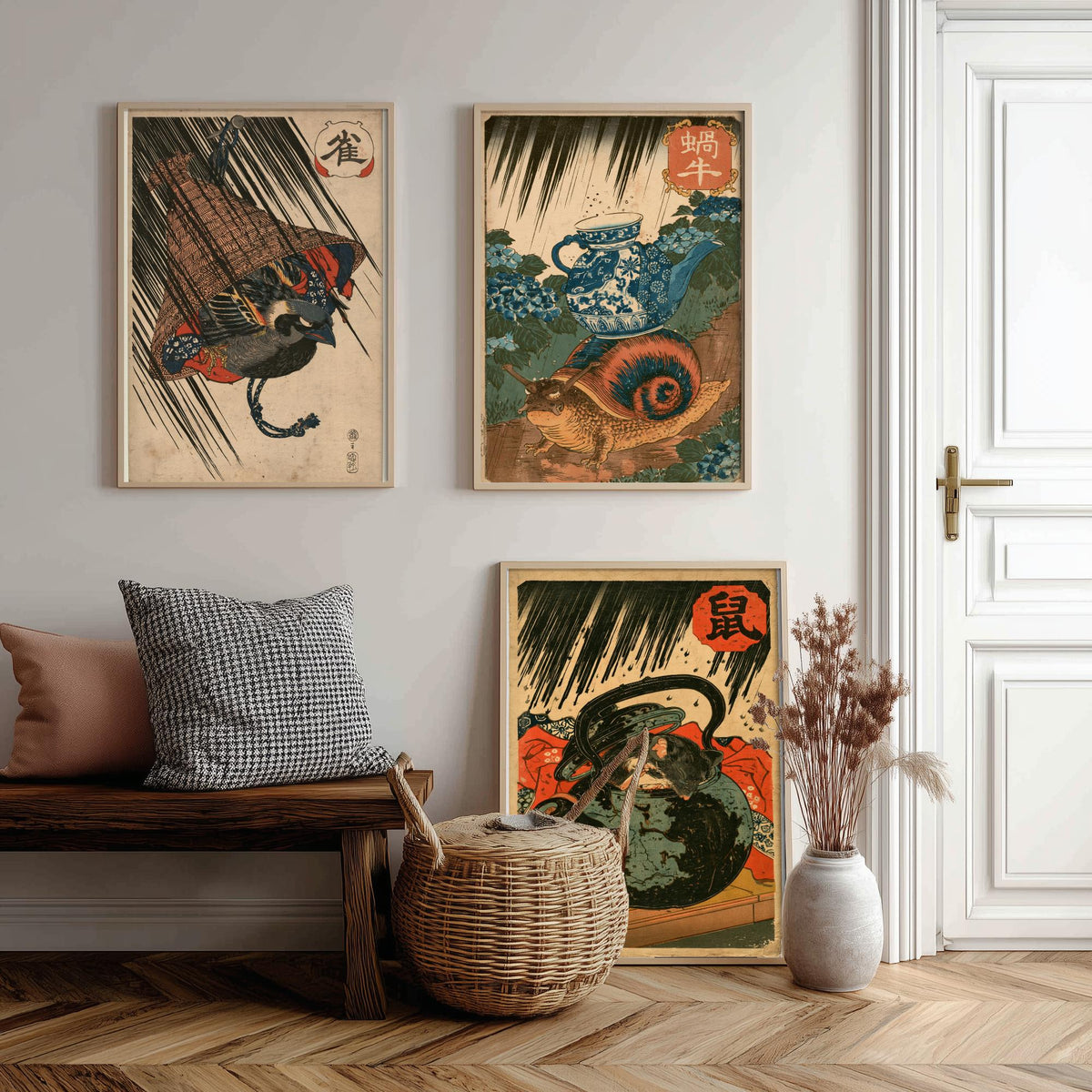 Borrowed Homes Set of Three Art Prints - Sparrow, Snail and Dormouse Sheltering - Japanese Ukiyo-e Woodblock Posters V1 - After Kuniyoshi