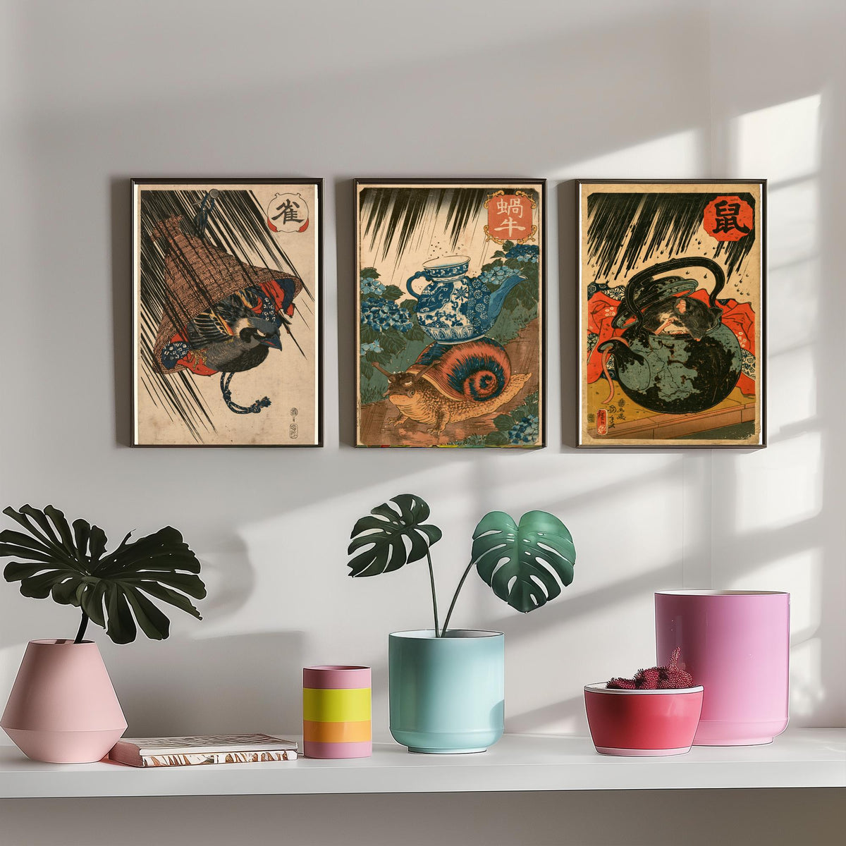 Borrowed Homes Set of Three Art Prints - Sparrow, Snail and Dormouse Sheltering - Japanese Ukiyo-e Woodblock Posters V1 - After Kuniyoshi