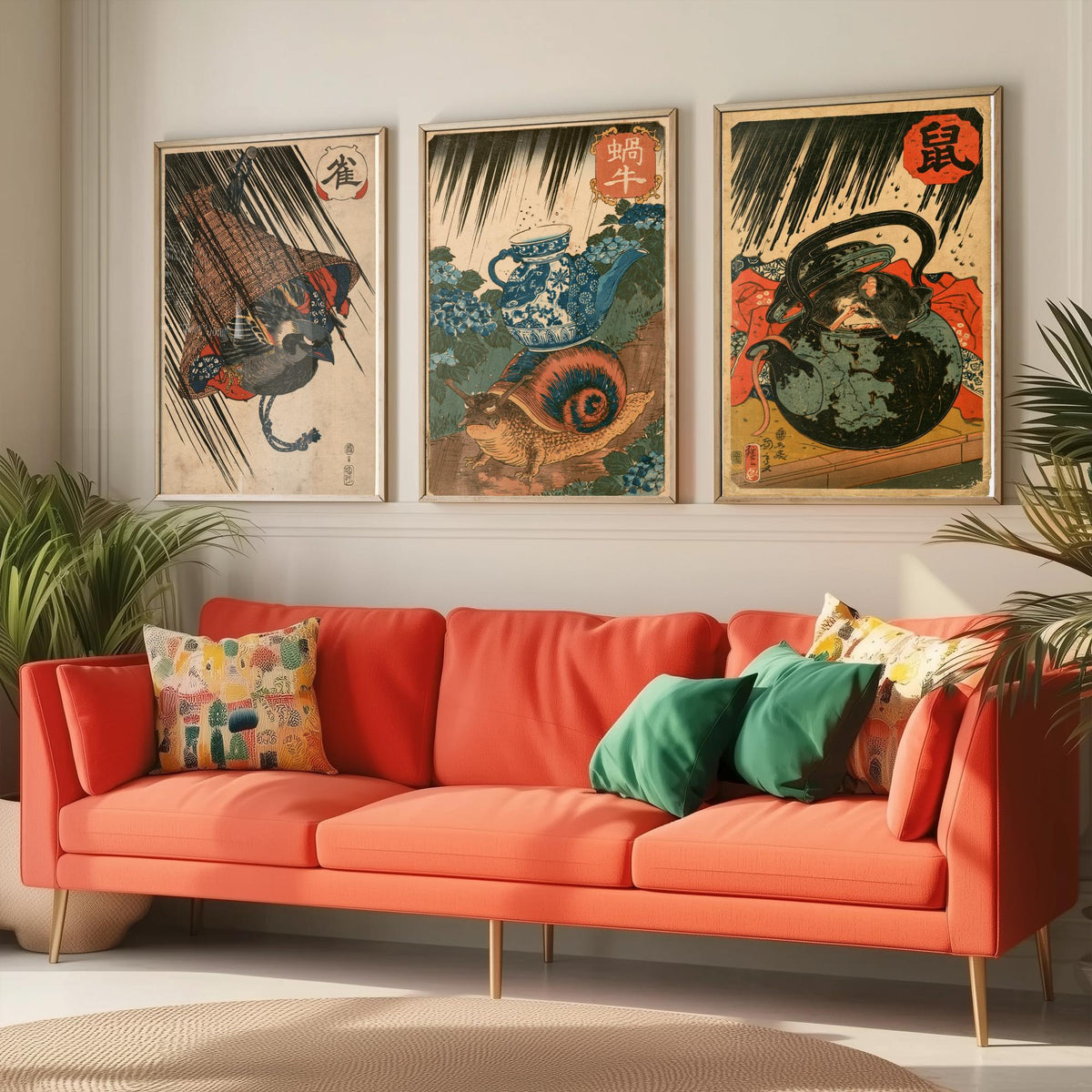Borrowed Homes Set of Three Art Prints - Sparrow, Snail and Dormouse Sheltering - Japanese Ukiyo-e Woodblock Posters V1 - After Kuniyoshi