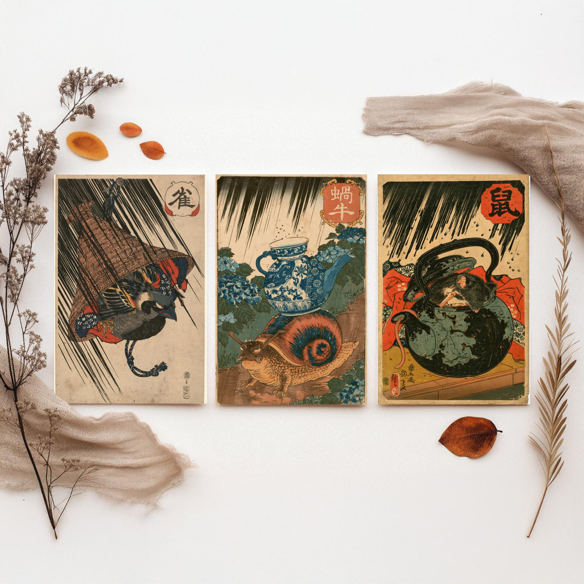 Borrowed Homes Set of Three Art Prints - Sparrow, Snail and Dormouse Sheltering - Japanese Ukiyo-e Woodblock Posters V1 - After Kuniyoshi
