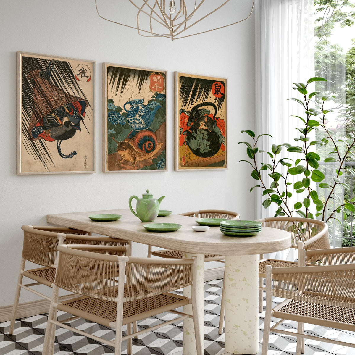Borrowed Homes Set of Three Art Prints - Sparrow, Snail and Dormouse Sheltering - Japanese Ukiyo-e Woodblock Posters V1 - After Kuniyoshi