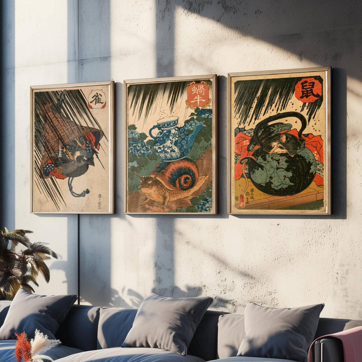 Borrowed Homes Set of Three Art Prints - Sparrow, Snail and Dormouse Sheltering - Japanese Ukiyo-e Woodblock Posters V1 - After Kuniyoshi