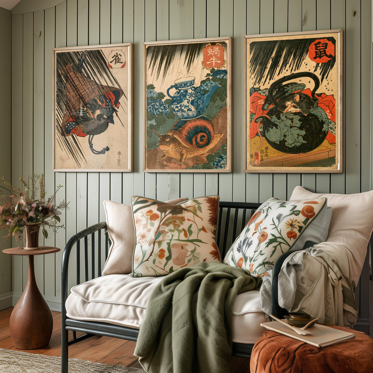 Borrowed Homes Set of Three Art Prints - Sparrow, Snail and Dormouse Sheltering - Japanese Ukiyo-e Woodblock Posters V1 - After Kuniyoshi