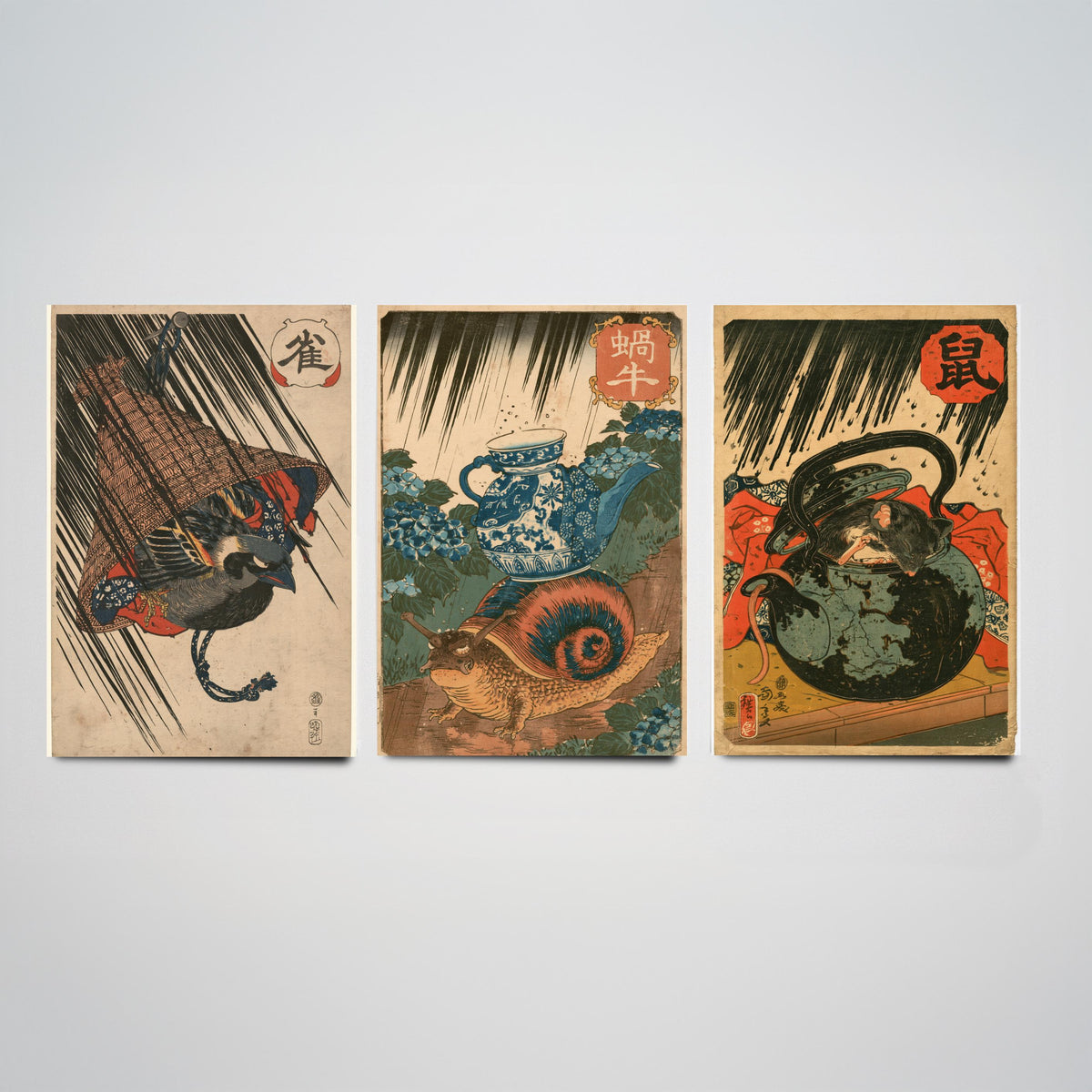 Borrowed Homes Set of Three Art Prints - Sparrow, Snail and Dormouse Sheltering - Japanese Ukiyo-e Woodblock Posters V1 - After Kuniyoshi