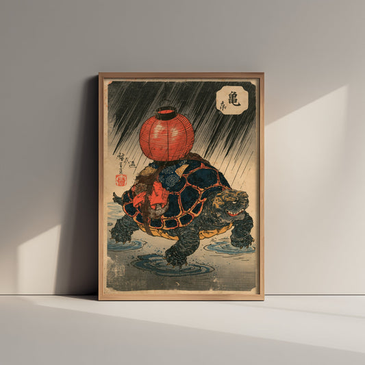 Tortoise with a Red Lantern Art Print - Japanese Ukiyo-e Rain Poster - Woodblock Style Illustration - After Kuniyoshi