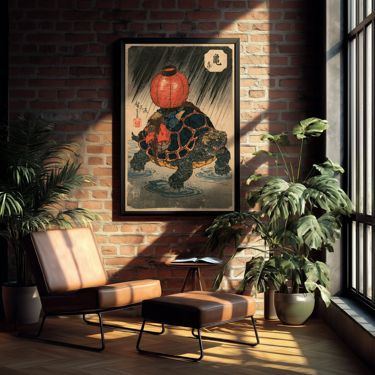 Tortoise with a Red Lantern Art Print - Japanese Ukiyo-e Rain Poster - Woodblock Style Illustration - After Kuniyoshi