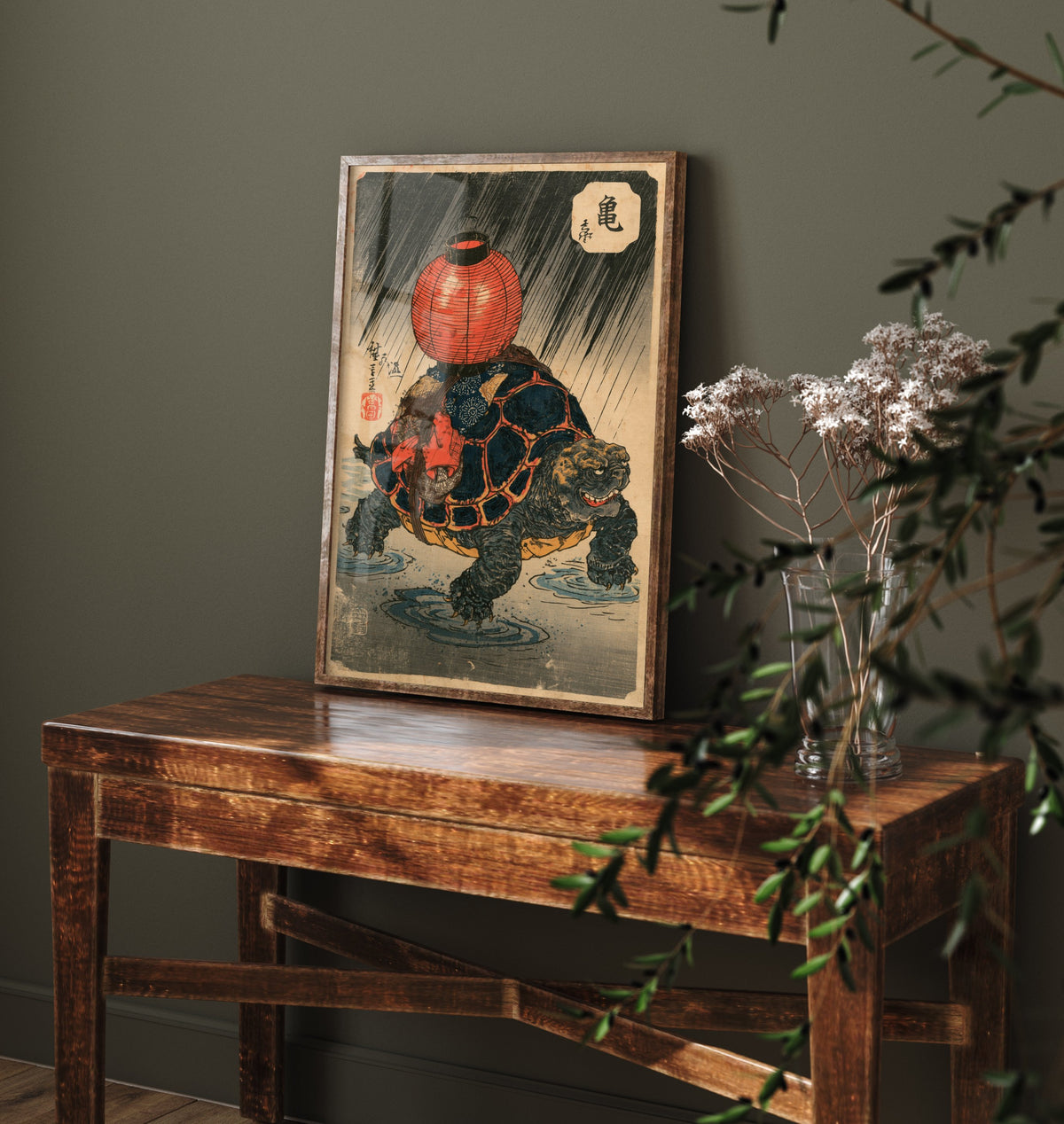 Tortoise with a Red Lantern Art Print - Japanese Ukiyo-e Rain Poster - Woodblock Style Illustration - After Kuniyoshi