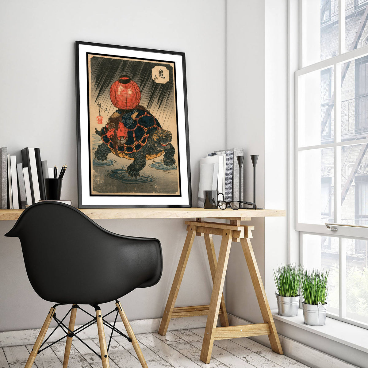 Tortoise with a Red Lantern Art Print - Japanese Ukiyo-e Rain Poster - Woodblock Style Illustration - After Kuniyoshi