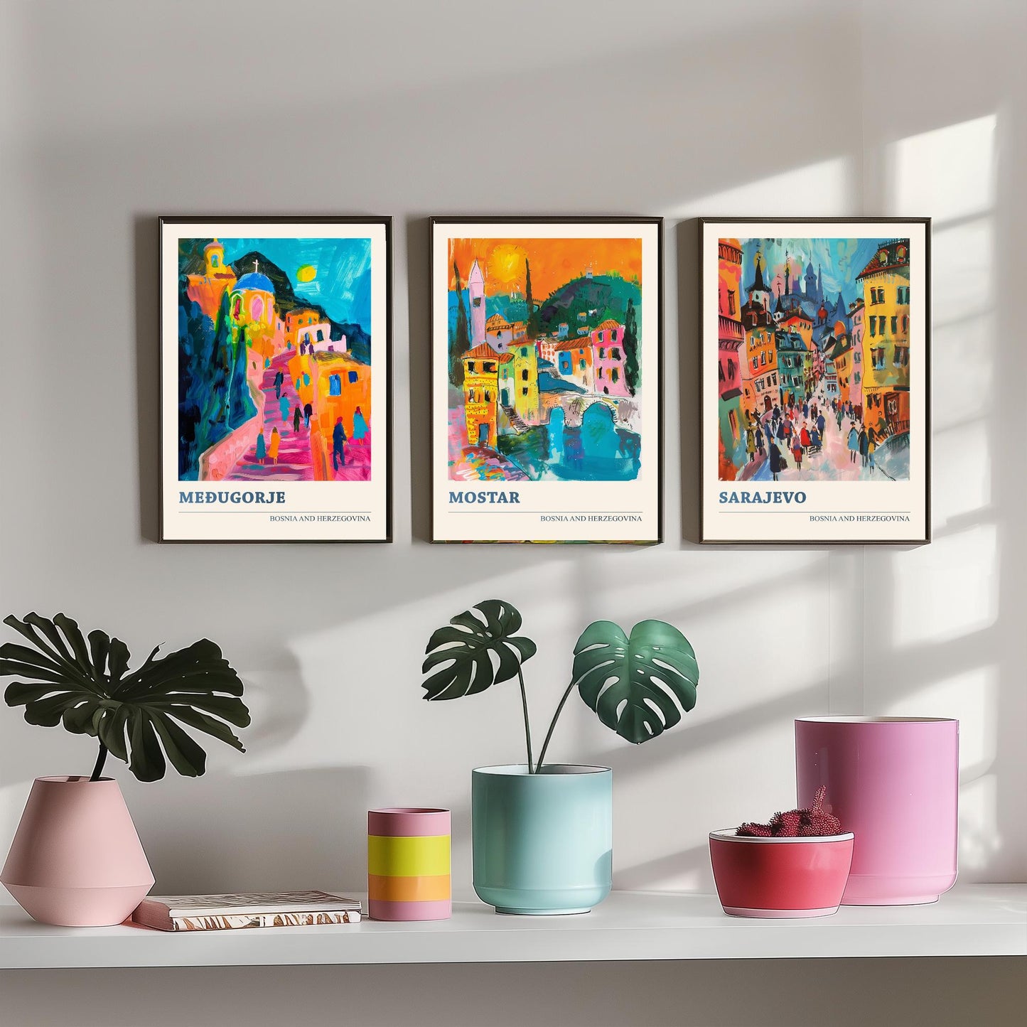 Bosnia and Herzegovina Set of Three Prints | Medjugorje Mostar Sarajevo | Vibrant Travel Painting Wall Art Poster
