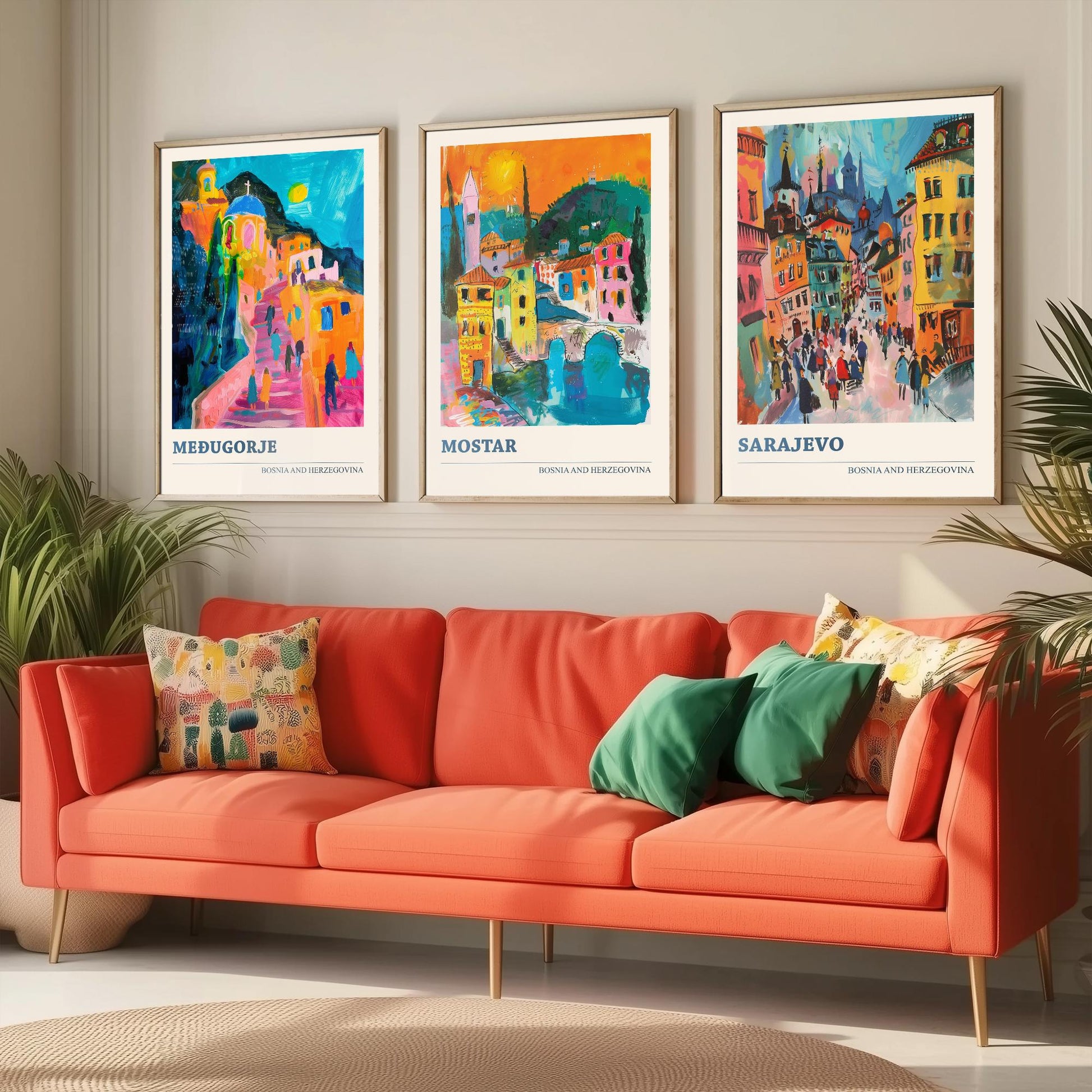 Bosnia and Herzegovina Set of Three Prints | Medjugorje Mostar Sarajevo | Vibrant Travel Painting Wall Art Poster