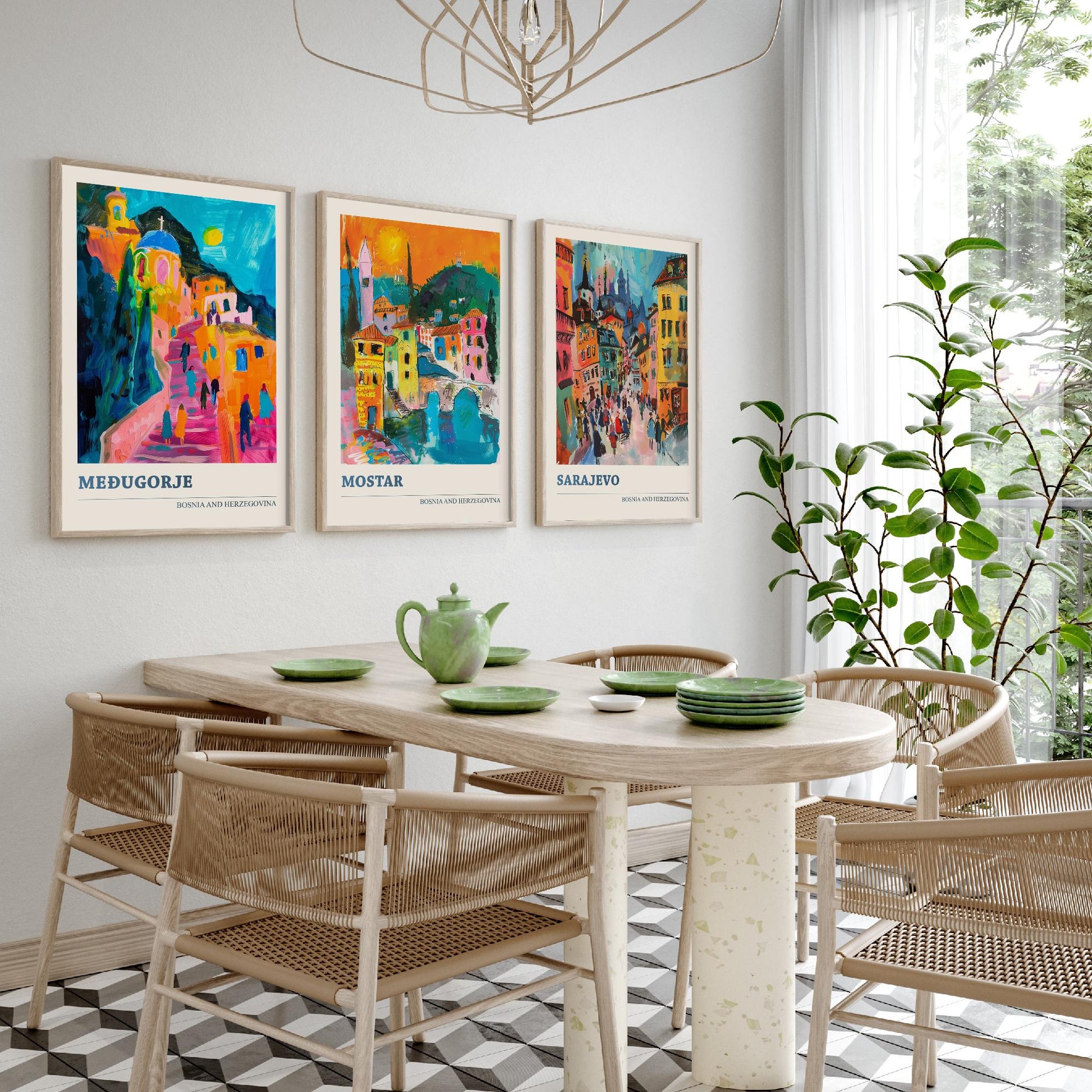 Bosnia and Herzegovina Set of Three Prints | Medjugorje Mostar Sarajevo | Vibrant Travel Painting Wall Art Poster