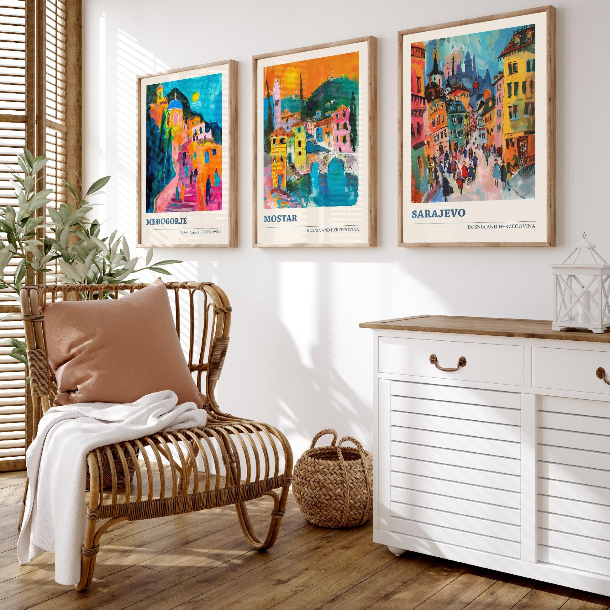 Bosnia and Herzegovina Set of Three Prints | Medjugorje Mostar Sarajevo | Vibrant Travel Painting Wall Art Poster