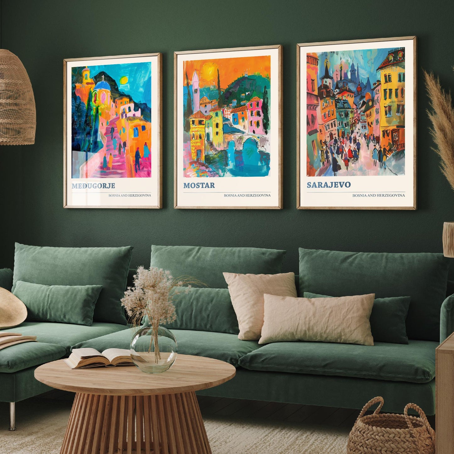 Bosnia and Herzegovina Set of Three Prints | Medjugorje Mostar Sarajevo | Vibrant Travel Painting Wall Art Poster