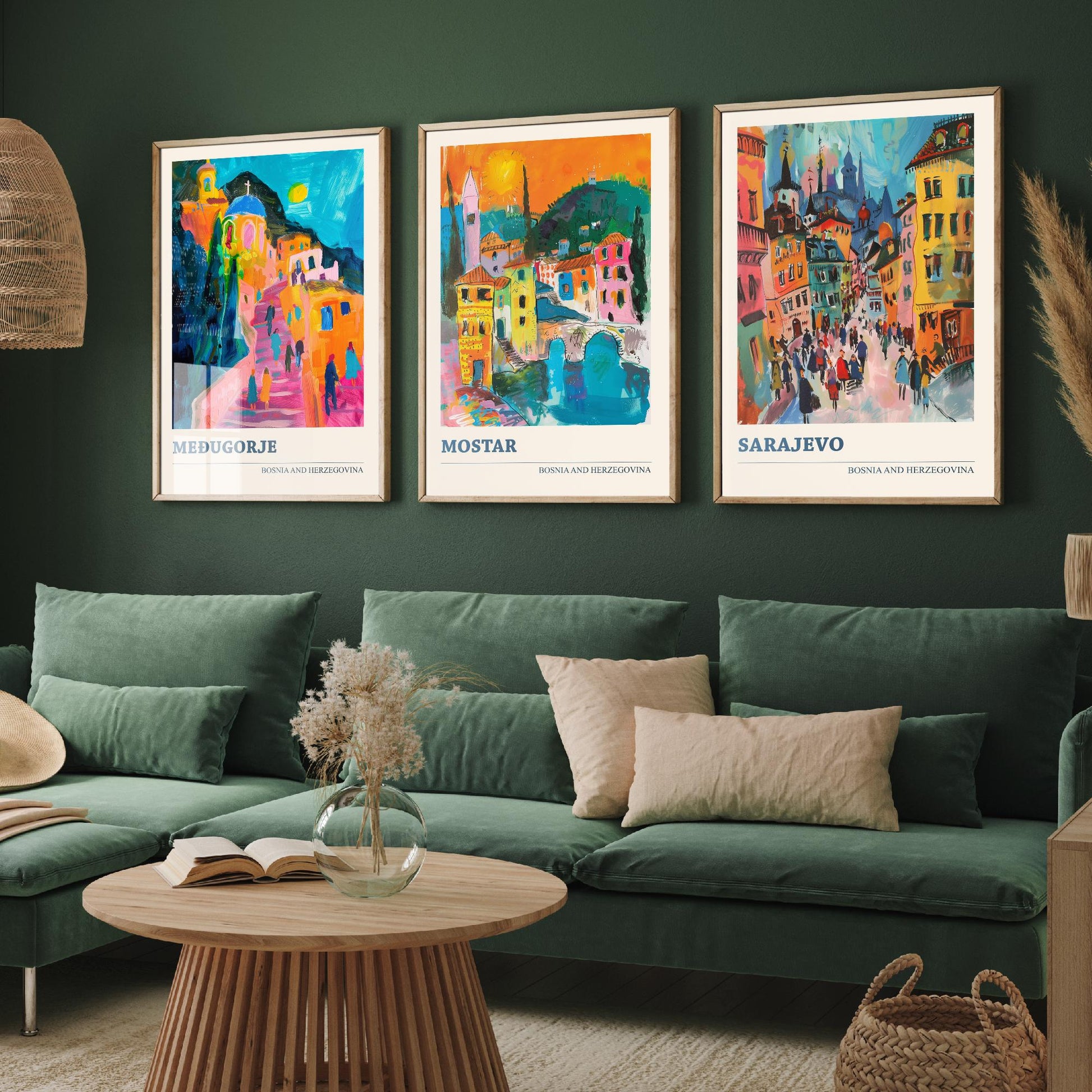 Bosnia and Herzegovina Set of Three Prints | Medjugorje Mostar Sarajevo | Vibrant Travel Painting Wall Art Poster