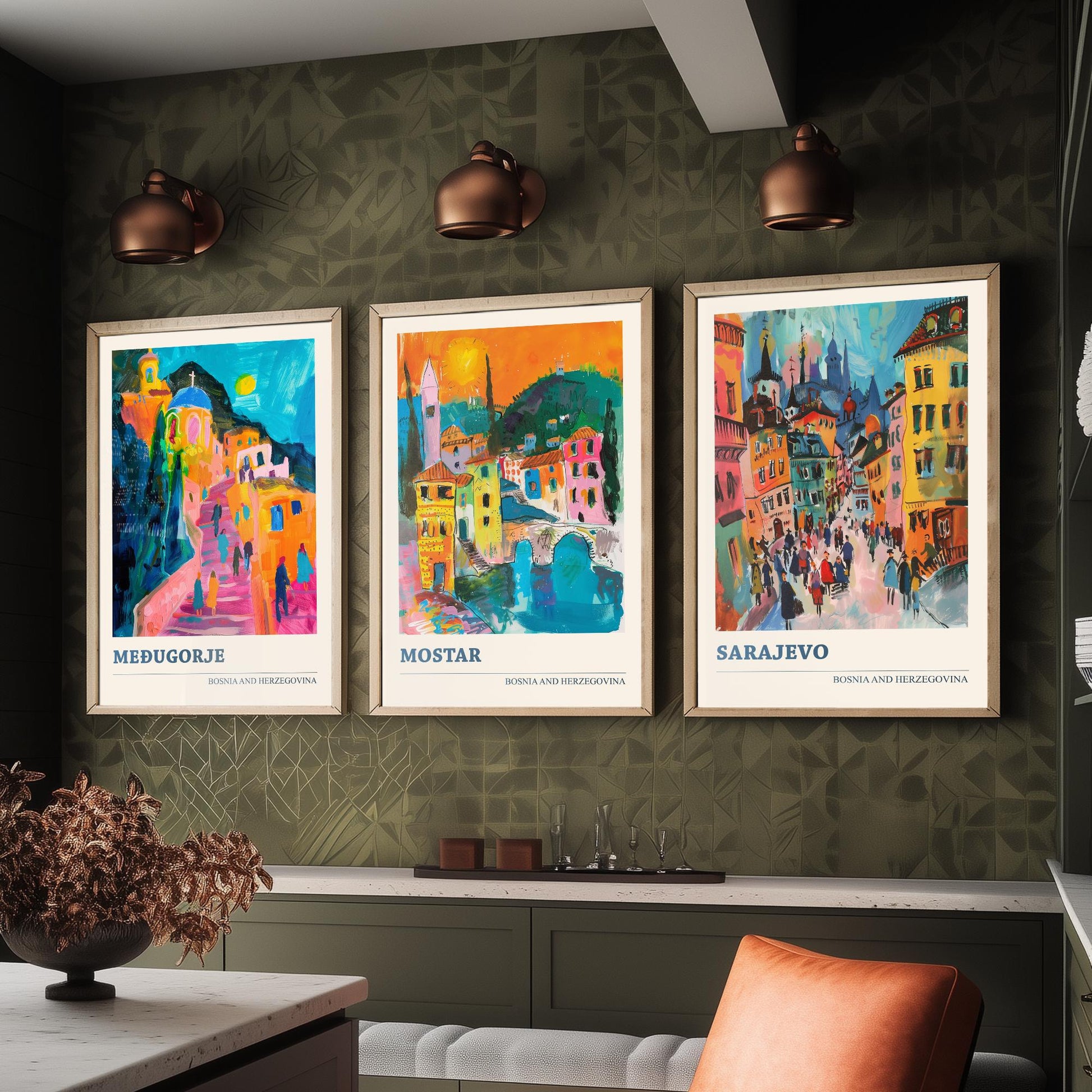 Bosnia and Herzegovina Set of Three Prints | Medjugorje Mostar Sarajevo | Vibrant Travel Painting Wall Art Poster
