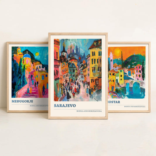 Bosnia and Herzegovina Set of Three Prints | Medjugorje Mostar Sarajevo | Vibrant Travel Painting Wall Art Poster