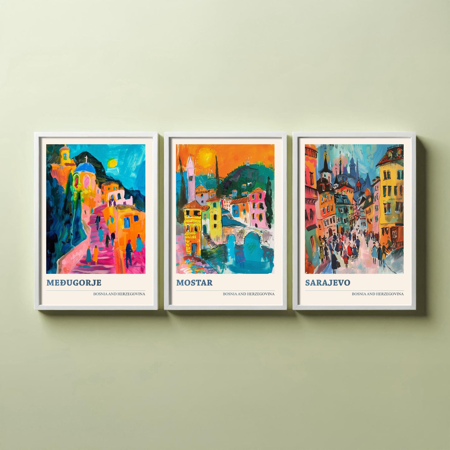 Bosnia and Herzegovina Set of Three Prints | Medjugorje Mostar Sarajevo | Vibrant Travel Painting Wall Art Poster