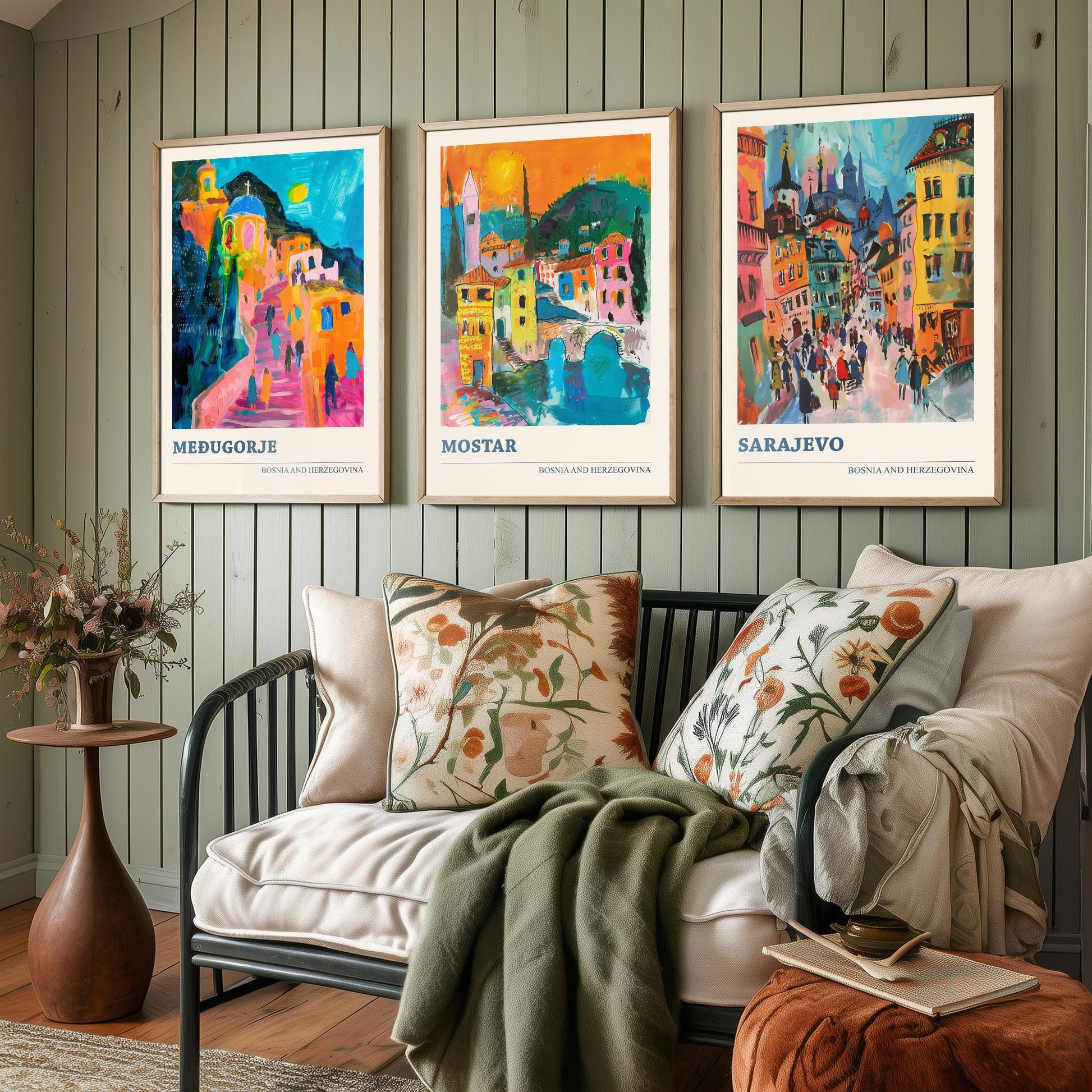 Bosnia and Herzegovina Set of Three Prints | Medjugorje Mostar Sarajevo | Vibrant Travel Painting Wall Art Poster