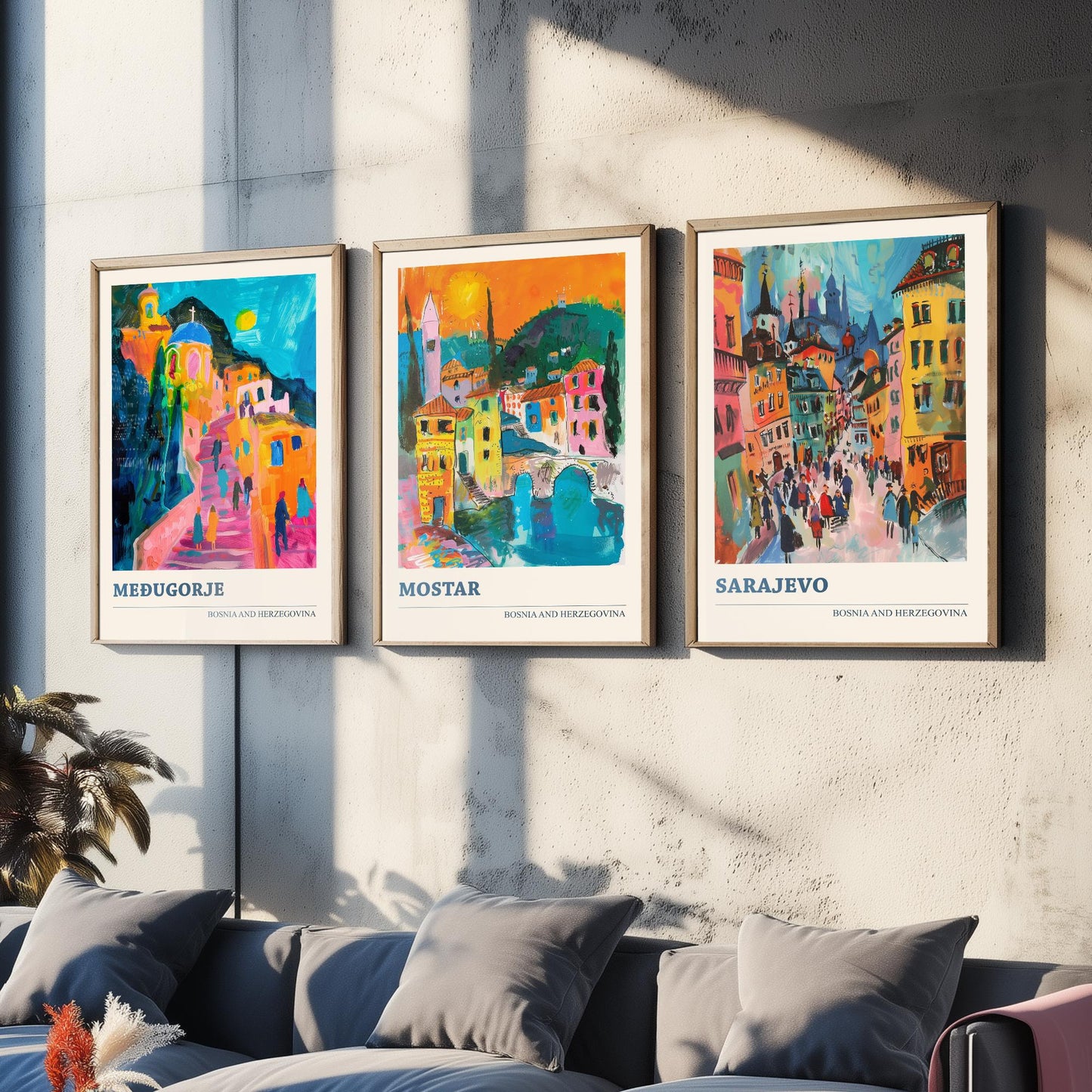 Bosnia and Herzegovina Set of Three Prints | Medjugorje Mostar Sarajevo | Vibrant Travel Painting Wall Art Poster
