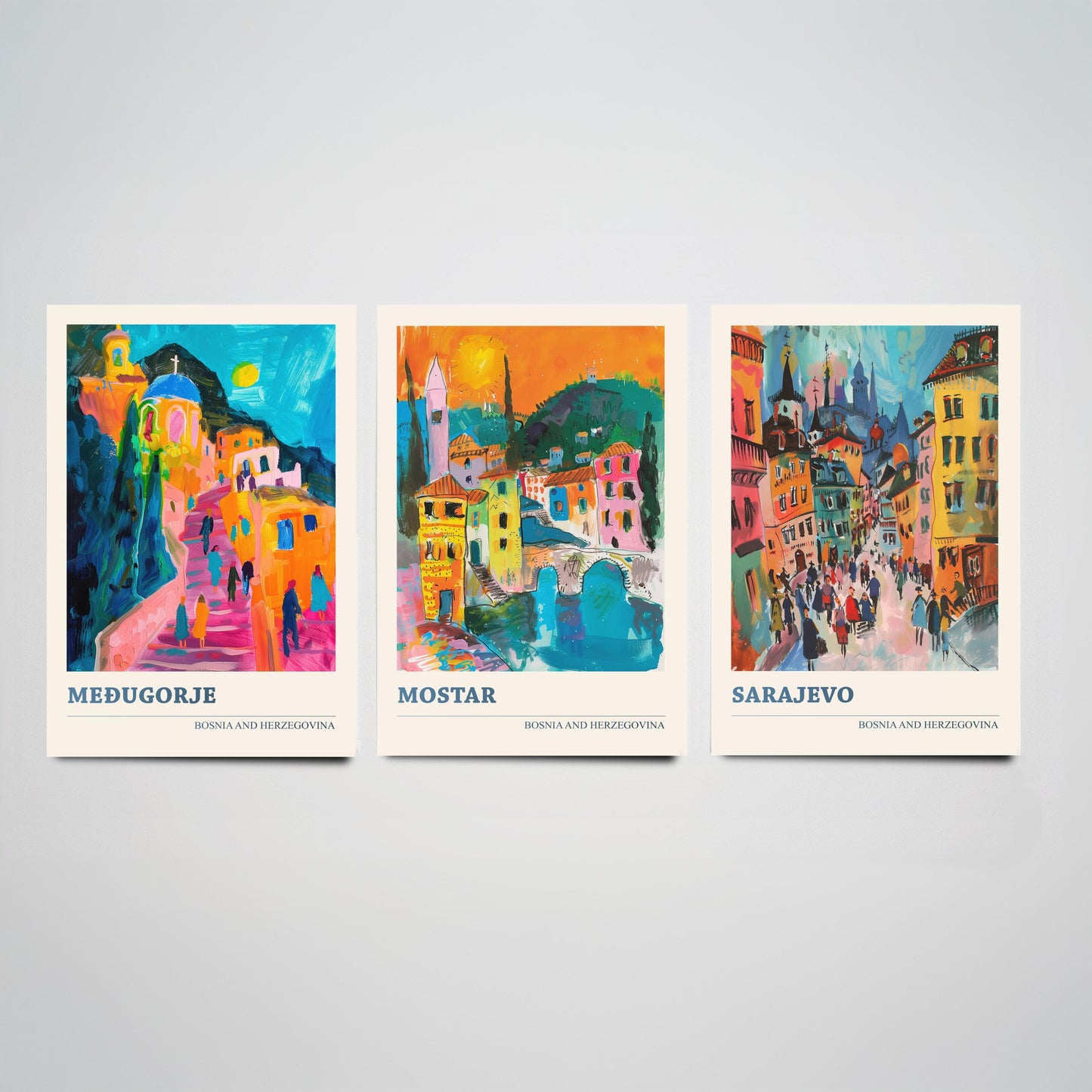 Bosnia and Herzegovina Set of Three Prints | Medjugorje Mostar Sarajevo | Vibrant Travel Painting Wall Art Poster