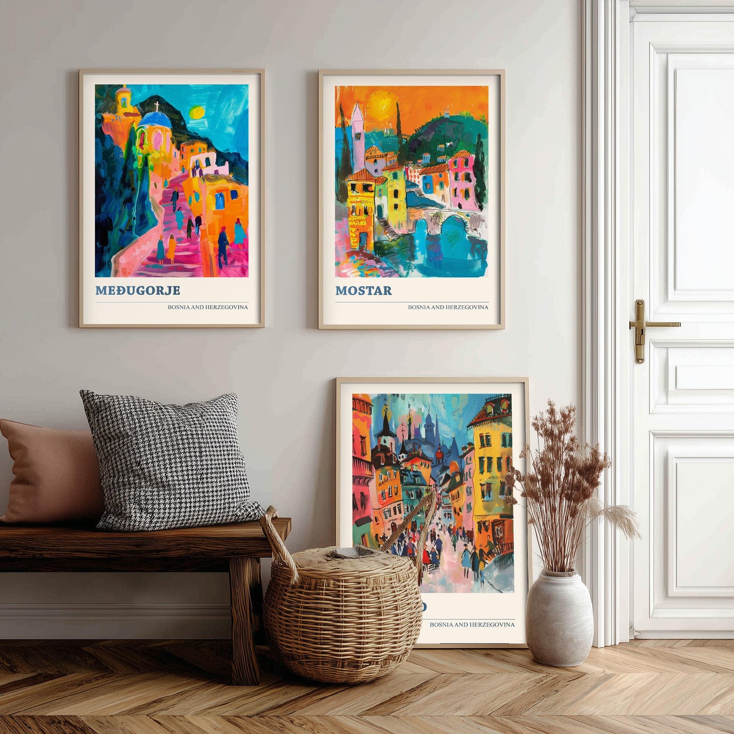 Bosnia and Herzegovina Set of Three Prints | Medjugorje Mostar Sarajevo | Vibrant Travel Painting Wall Art Poster
