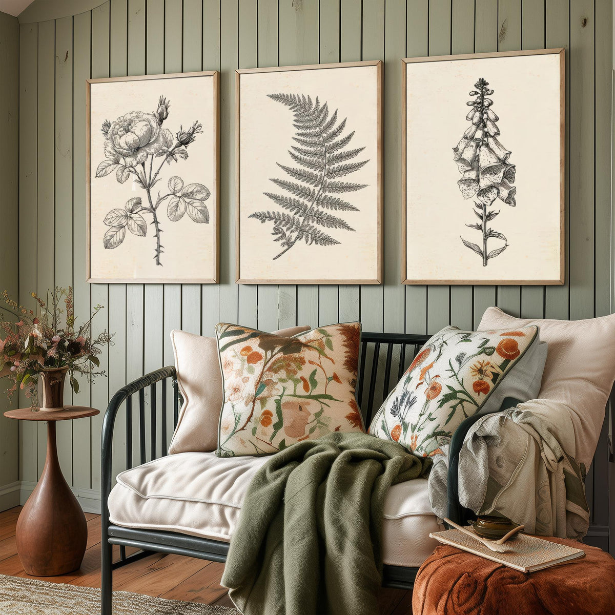 Rose, Fern and Foxglove Botanical Pencil Sketch Set of Three Art Prints - Vintage Black and White Drawing Poster - Cottage Flowers V1